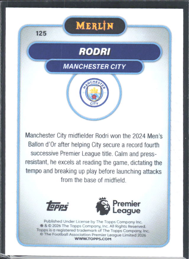 Rodri 2026 Merlin Premier League #125 – baksida