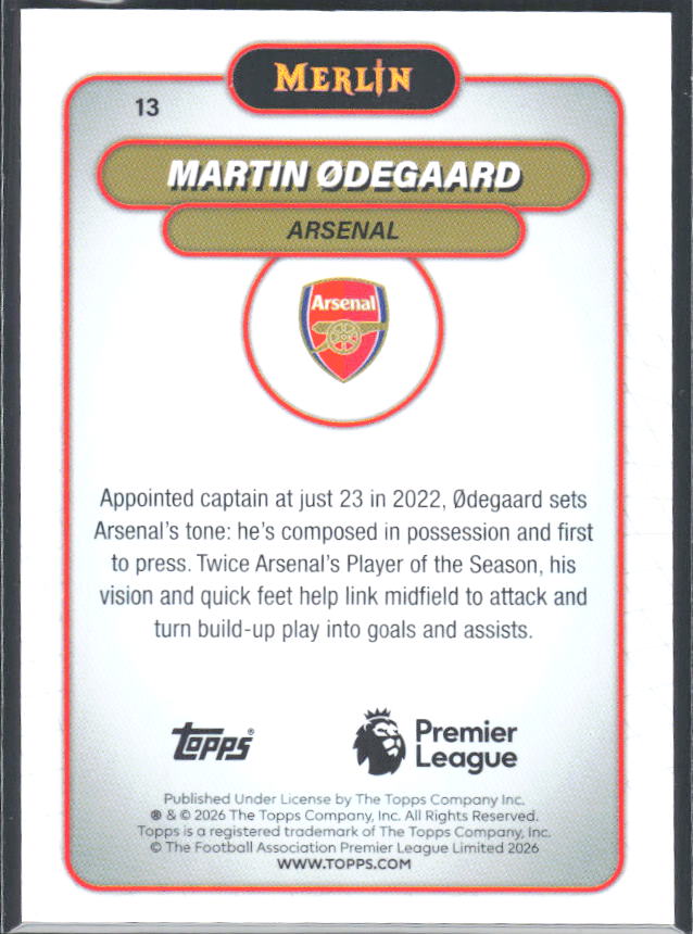 Martin Ødegaard 2026 Merlin Premier League #13 – baksida