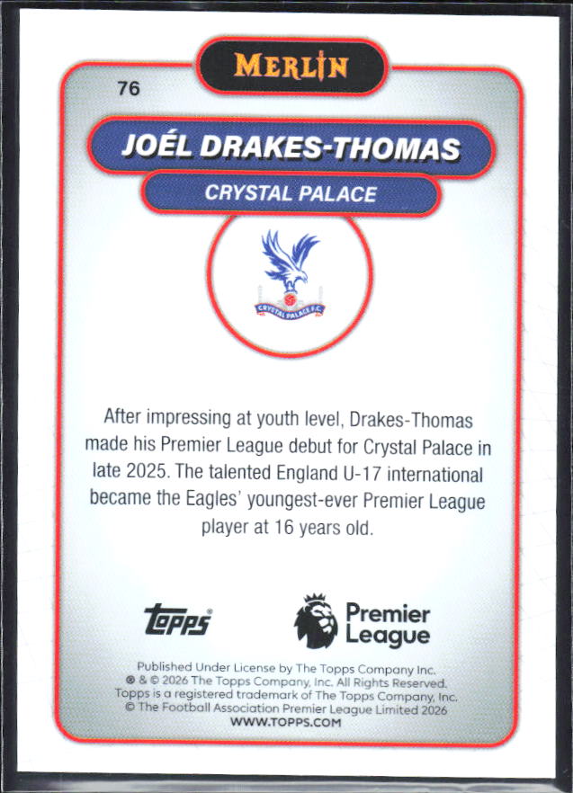 Joel Drakes-Thomas 2026 Merlin Premier League RC #76 – baksida