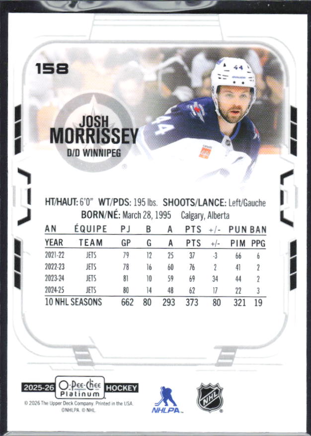 Josh Morrissey 2025-26 O-Pee-Chee Platinum #158 – baksida