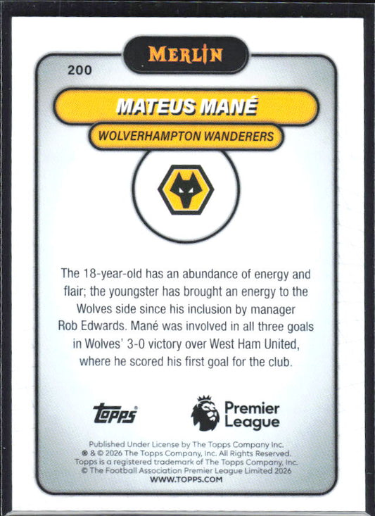 Mateus Mané 2026 Merlin Premier League RC #200 – baksida