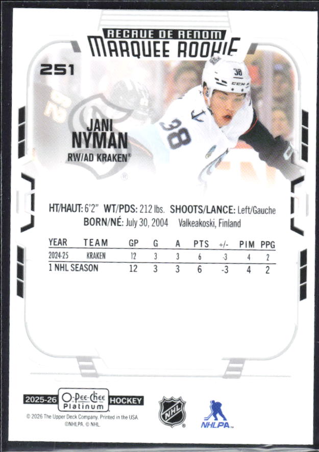 Jani Nyman 2025-26 O-Pee-Chee Platinum Marquee Rookie #251 – baksida