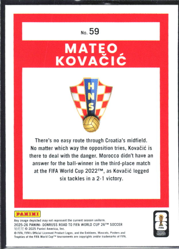Mateo Kovačić 2025-26 Donruss Road to FIFA WC #59 – baksida