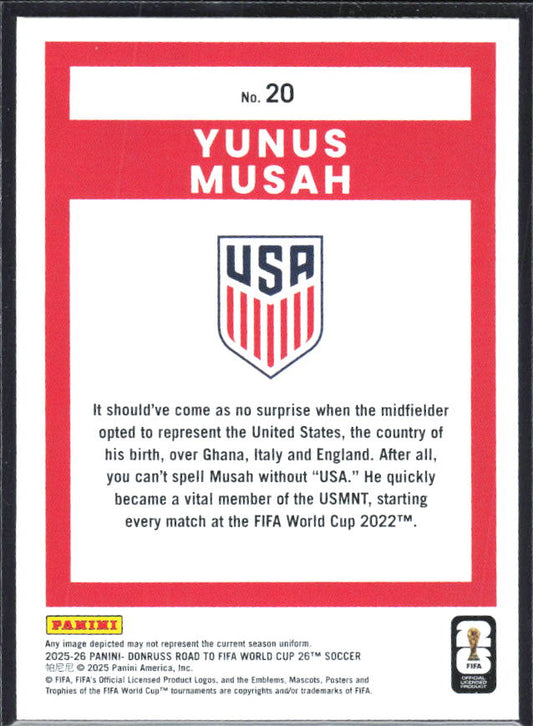 Yunus Musah 2025-26 Donruss Road to FIFA WC #20 – baksida