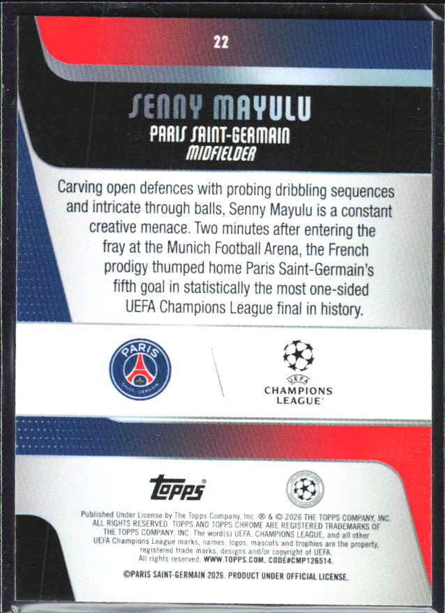 Senny Mayulu 2025-26 Chrome UEFA Future Stars #22 – baksida