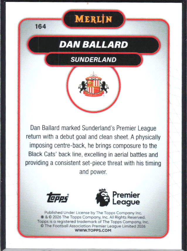 Dan Ballard 2026 Merlin Premier League RC #164 – baksida