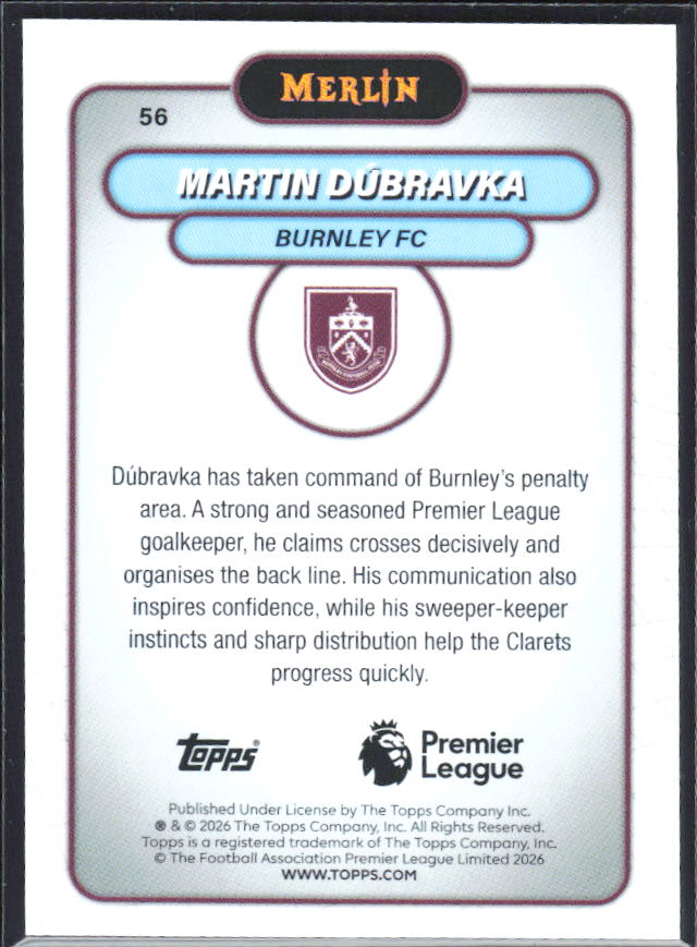Martin Dúbravka 2026 Merlin Premier League #56 – baksida