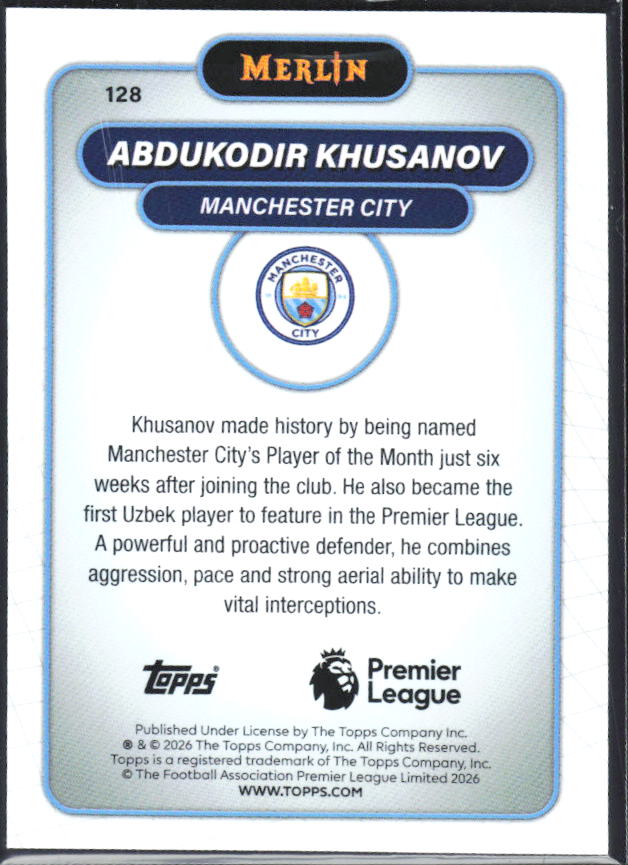 Abdukodir Khusanov 2026 Merlin Premier League #128 – baksida