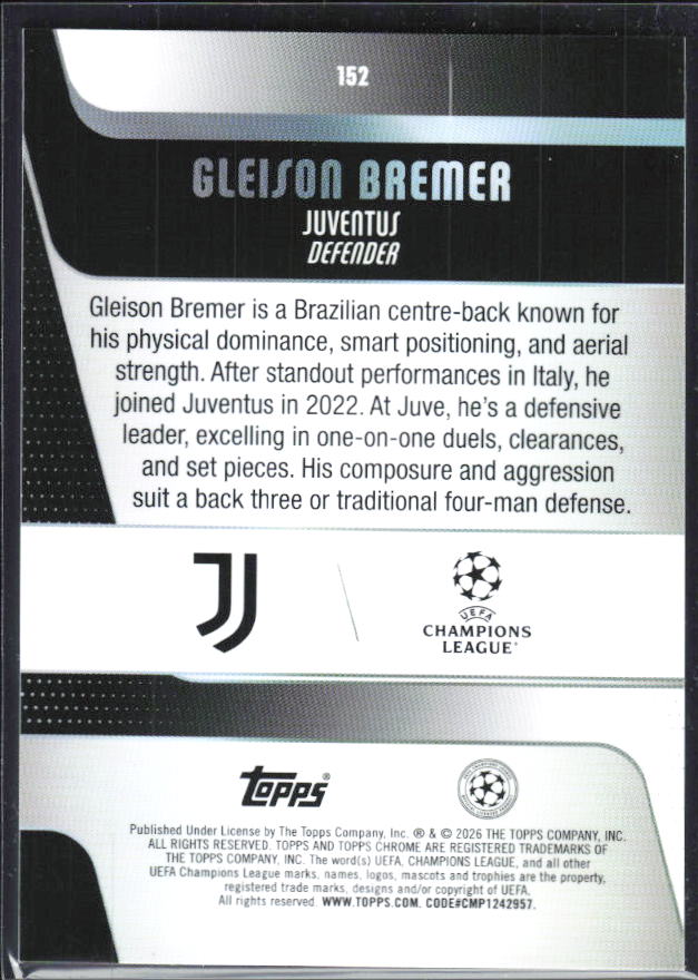 Gleison Bremer 2025-26 Chrome UEFA #152 – baksida
