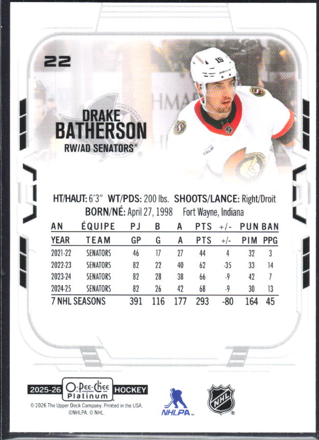 Drake Batherson 2025-26 O-Pee-Chee Platinum #22 – baksida