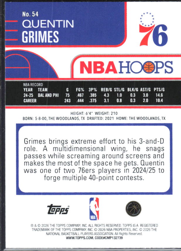 Quentin Grimes 2025-26 NBA Hoops #54 – baksida