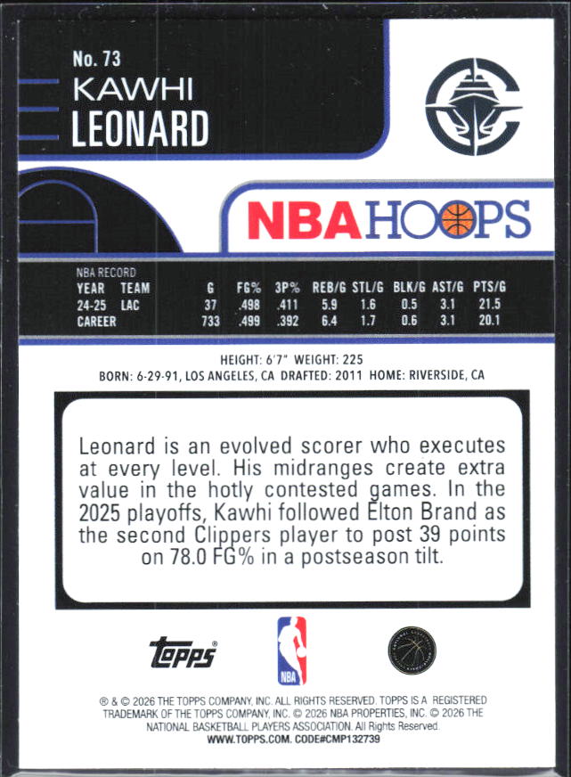 Kawhi Leonard 2025-26 NBA Hoops #73 – baksida