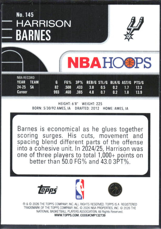 Harrison Barnes 2025-26 NBA Hoops Rainbow #145 – baksida