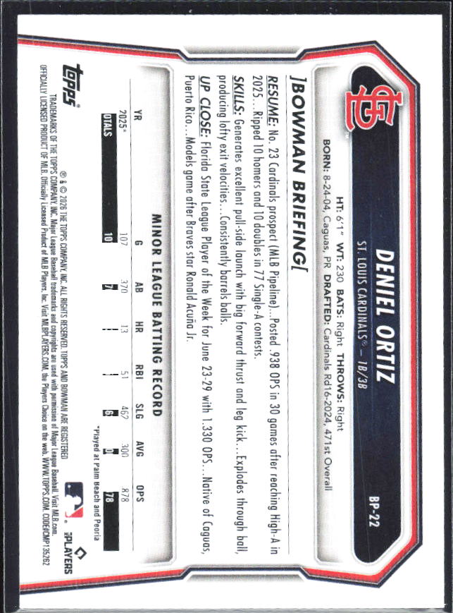 Deniel Ortiz 2026 Bowman 1st Prospects #BP-22 – baksida
