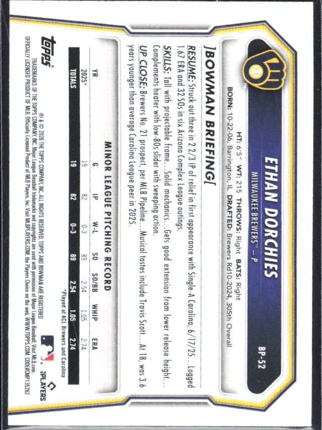 Ethan Dorchies 2026 Bowman 1st Prospects #BP-52 – baksida