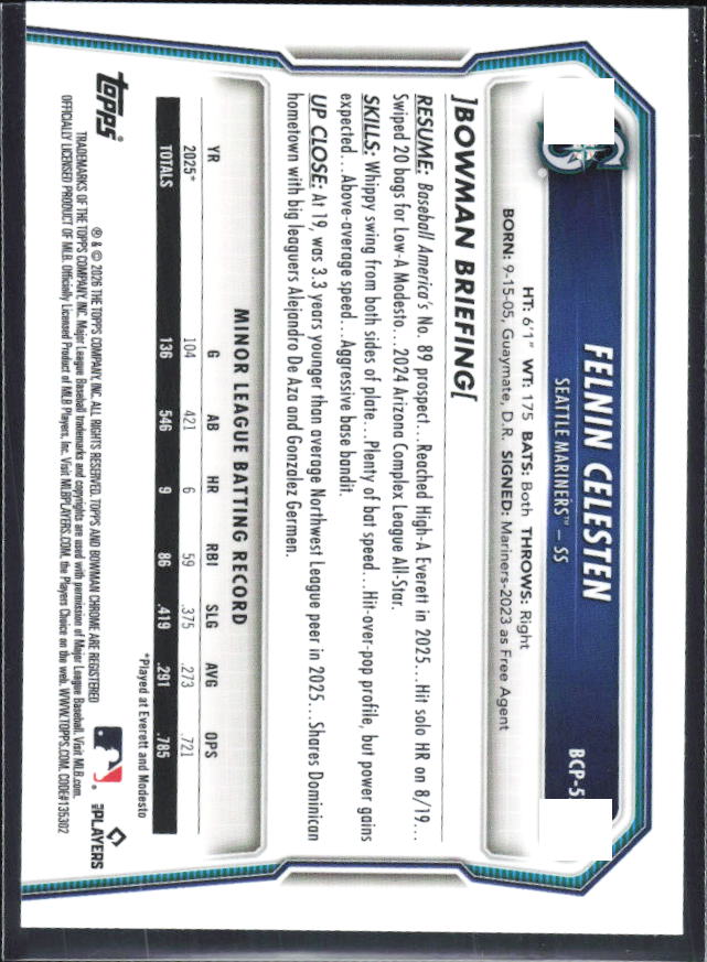 Felnin Celesten 2026 Bowman Chrome Prospects #BCP-57 – baksida