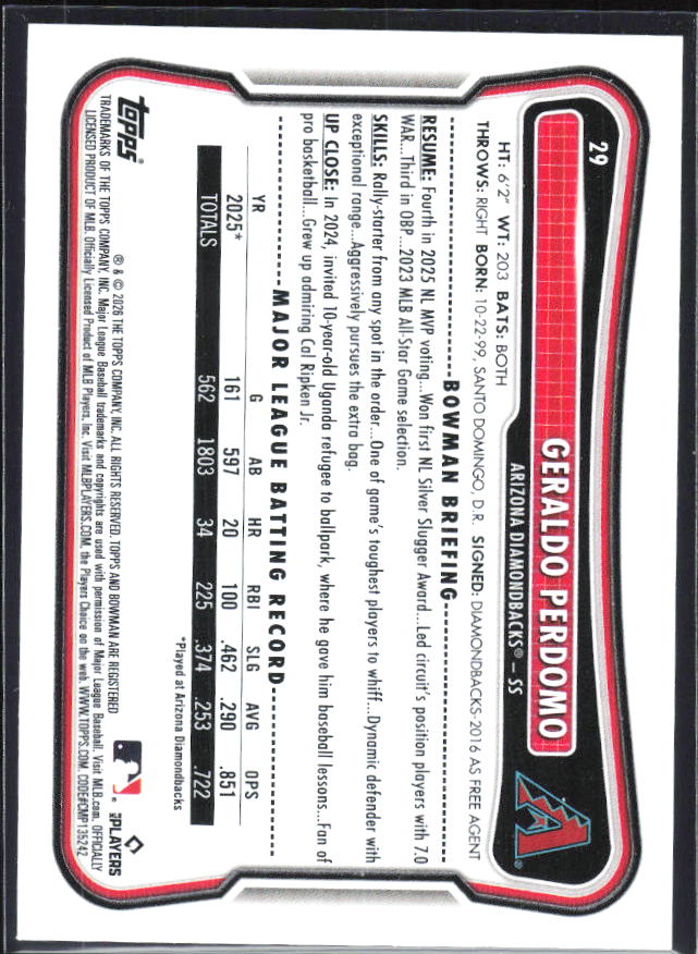 Geraldo Perdomo 2026 Bowman #29 – baksida