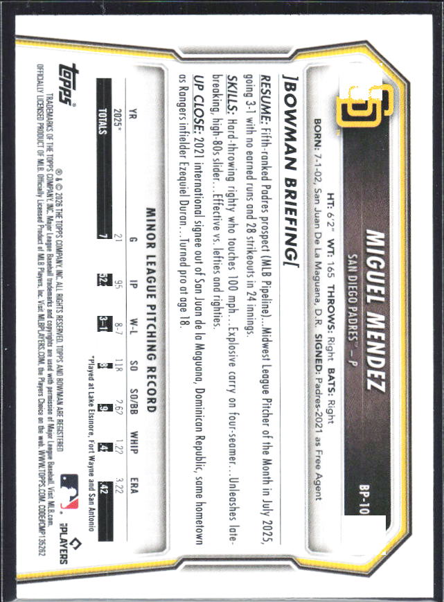 Miguel Mendez 2026 Bowman 1st Prospects #BP-107 – baksida