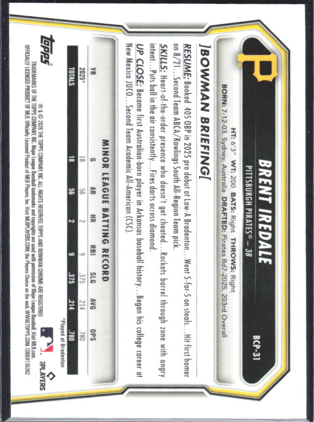 Brent Iredale 2026 Bowman 1st Chrome Prospects #BCP-31 – baksida
