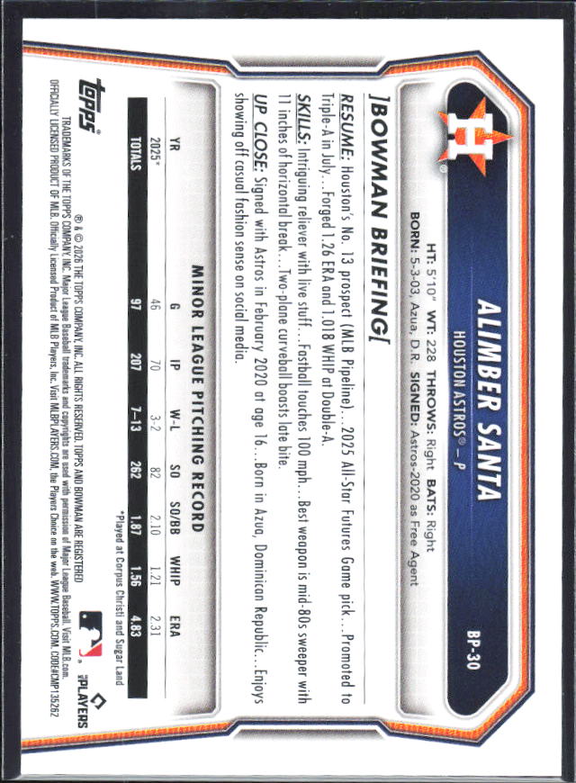 Alimber Santa 2026 Bowman 1st Prospects #BP-30 – baksida