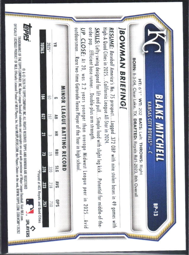 Blake Mitchell 2026 Bowman Prospects #BP-13 – baksida