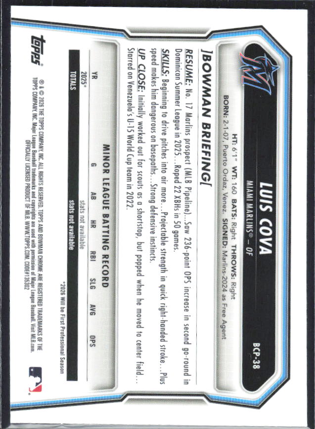 Luis Cova 2026 Bowman 1st Chrome Prospects #BCP-38 – baksida