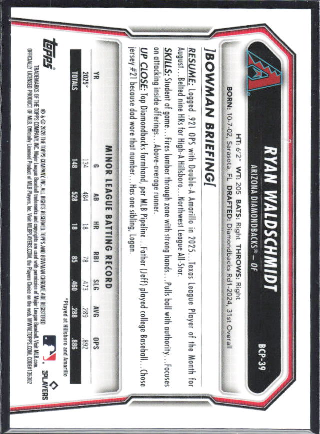 Ryan Waldschmidt 2026 Bowman Chrome Prospects #BCP-39 – baksida