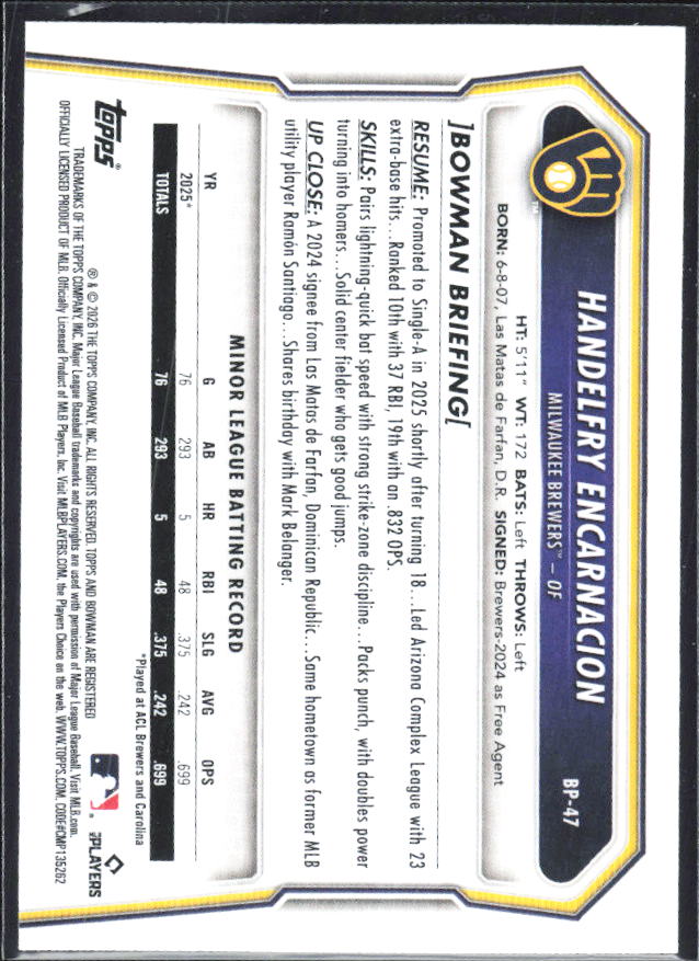 Handelfry Encarnacion 2026 Bowman 1st Prospects #BP-47 – baksida