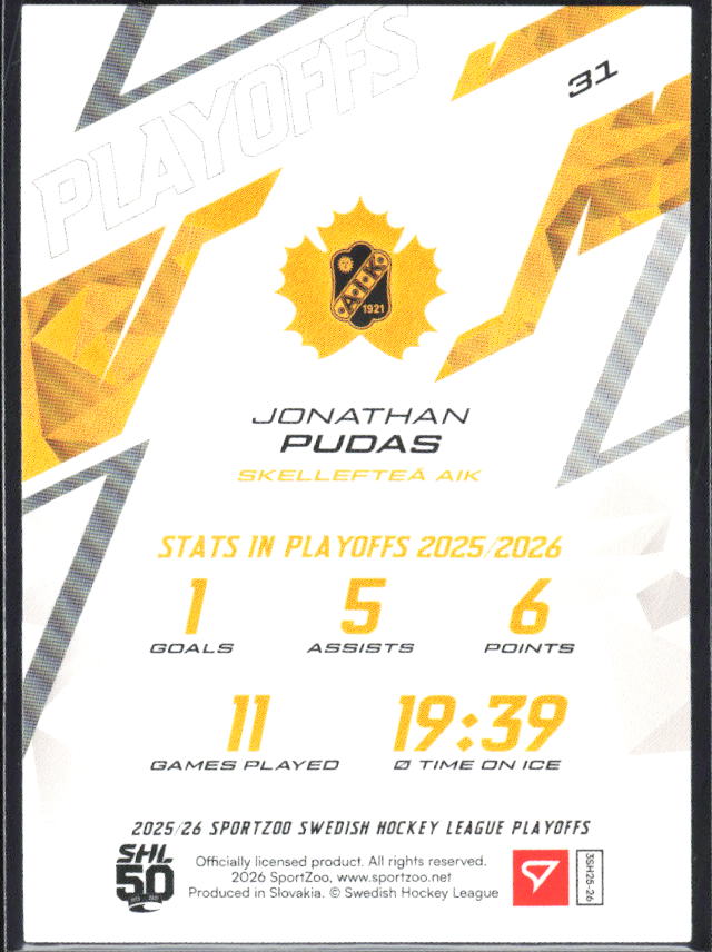 Jonathan Pudas 2025-26 SHL Playoffs #31 – baksida