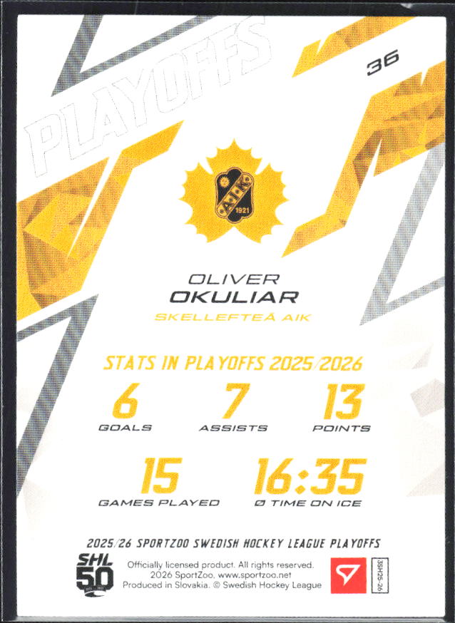 Oliver Okuliar 2025-26 SHL Playoffs #36 – baksida