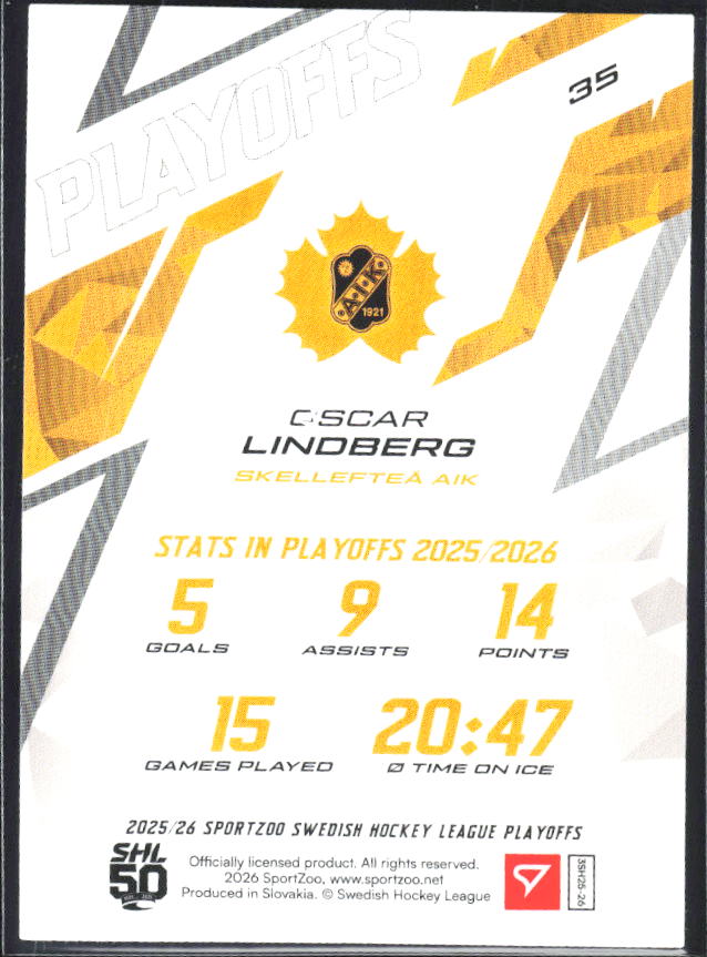 Oscar Lindberg 2025-26 SHL Playoffs #35 – baksida