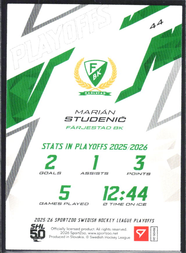 Marián Studenič 2025-26 SHL Playoffs #44 – baksida
