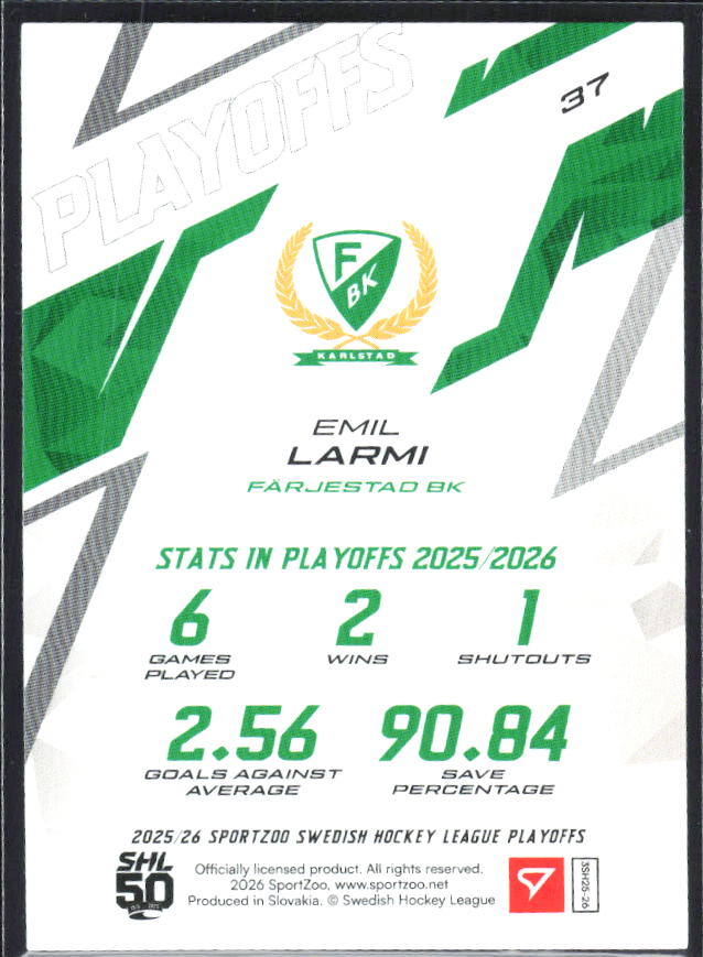 Emil Larmi 2025-26 SHL Playoffs #37 – baksida
