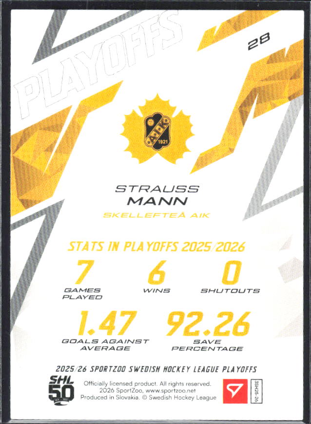 Strauss Mann 2025-26 SHL Playoffs #28 – baksida