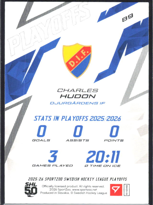 Charles Hudon 2025-26 SHL Playoffs #89 – baksida