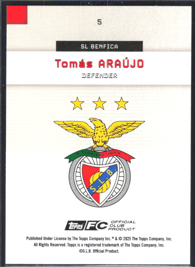 Tomás Araújo 2025-26 SL Benfica Team Set #5 – baksida