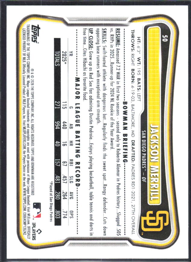 Jackson Merrill 2026 Bowman #50 – baksida