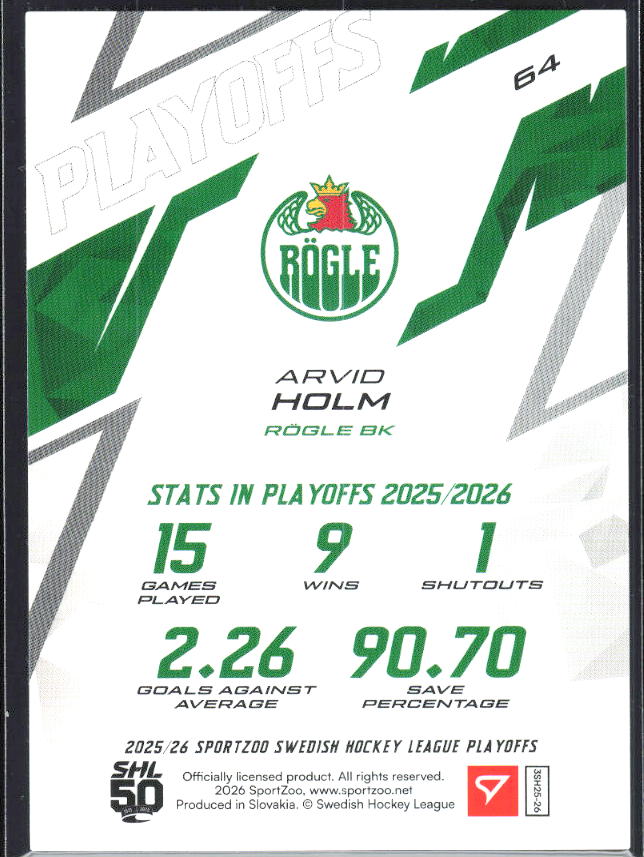 Arvid Holm 2025-26 SHL Playoffs #64 – baksida