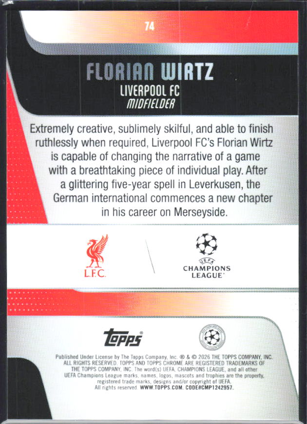 Florian Wirtz 2025-26 Chrome UEFA #74 – baksida