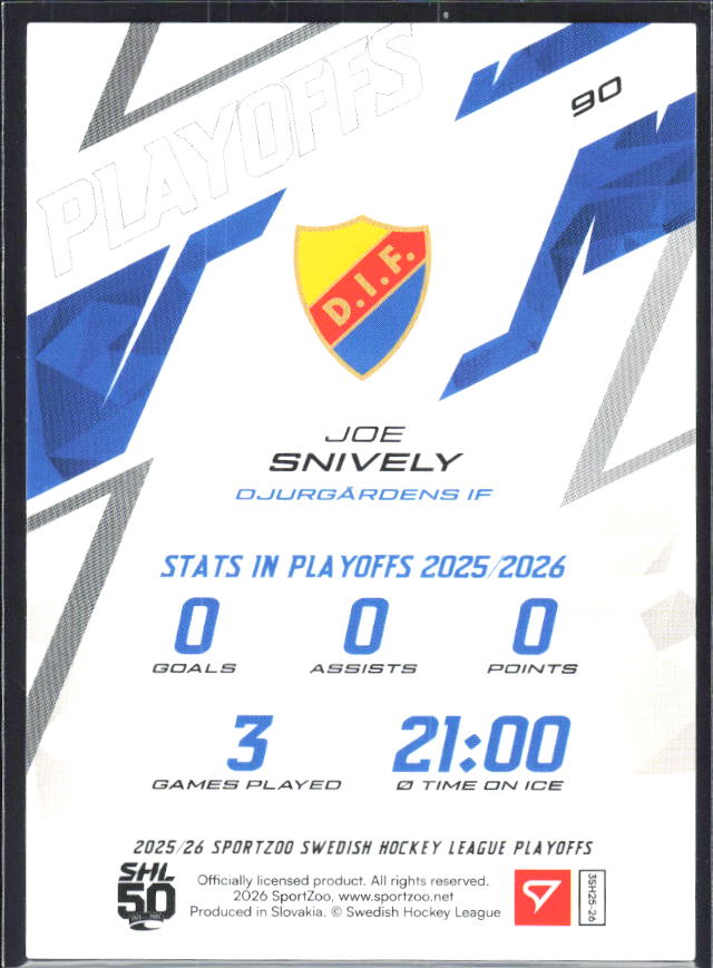 Joe Snively 2025-26 SHL Playoffs #90 – baksida