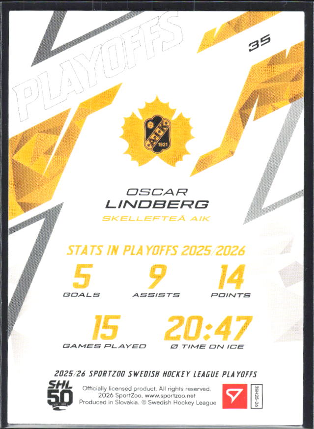Oscar Lindberg 2025-26 SHL Playoffs #35 – baksida