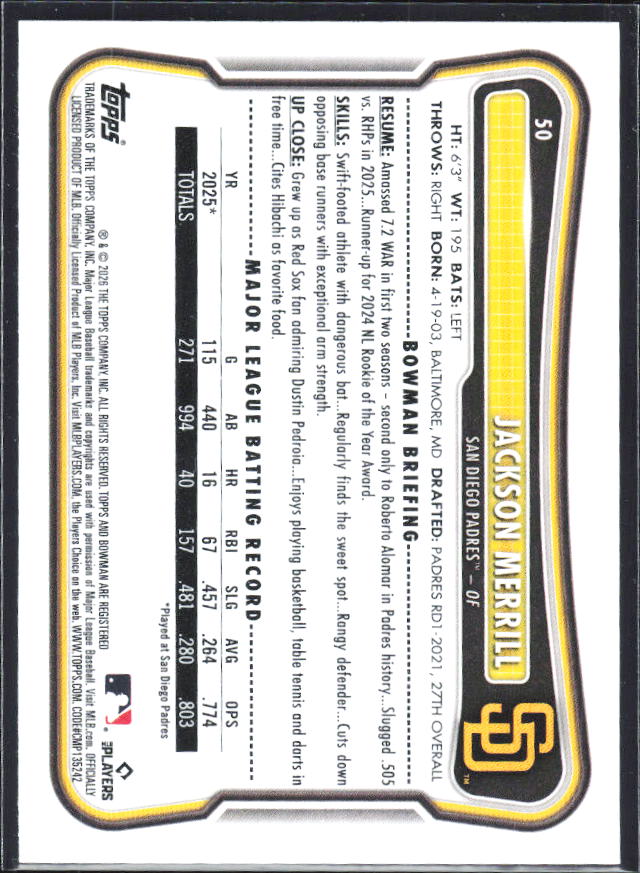 Jackson Merrill 2026 Bowman #50 – baksida