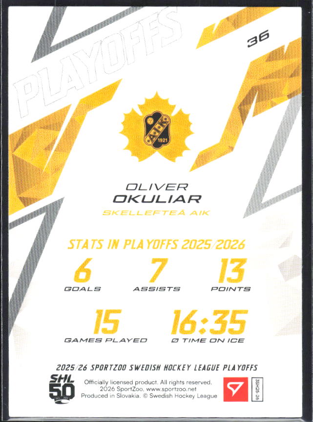 Oliver Okuliar 2025-26 SHL Playoffs #36 – baksida