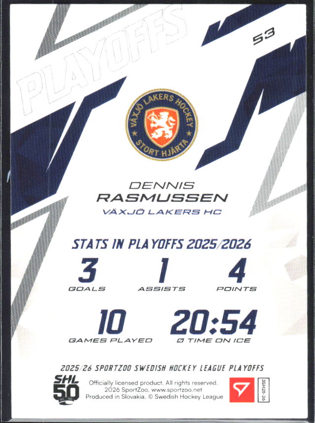 Dennis Rasmussen 2025-26 SHL Playoffs #53 – baksida