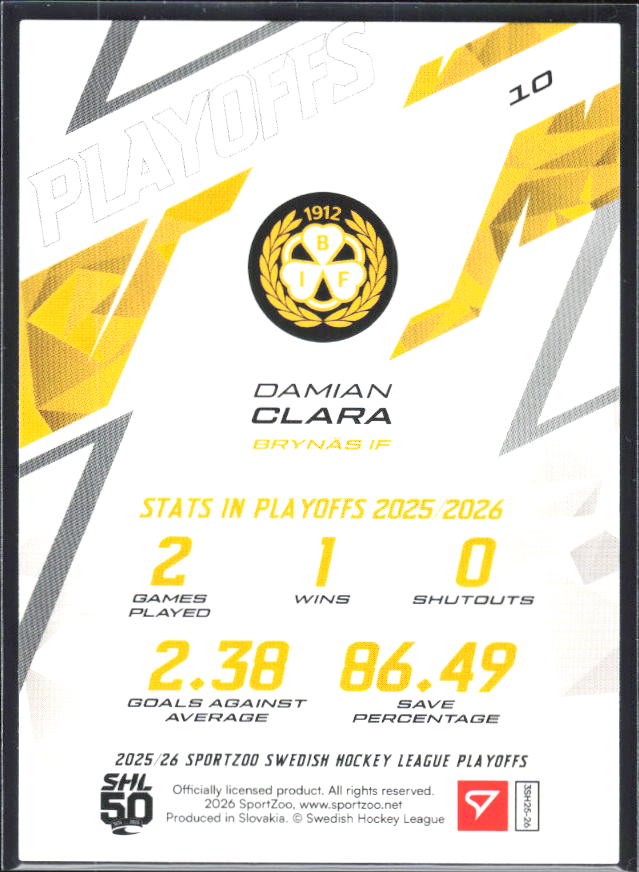 Damian Clara 2025-26 SHL Playoffs #10 – baksida