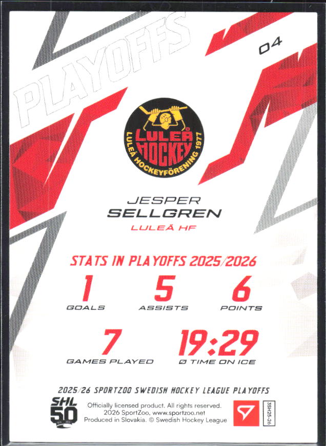 Jesper Sellgren 2025-26 SHL Playoffs #04 – baksida