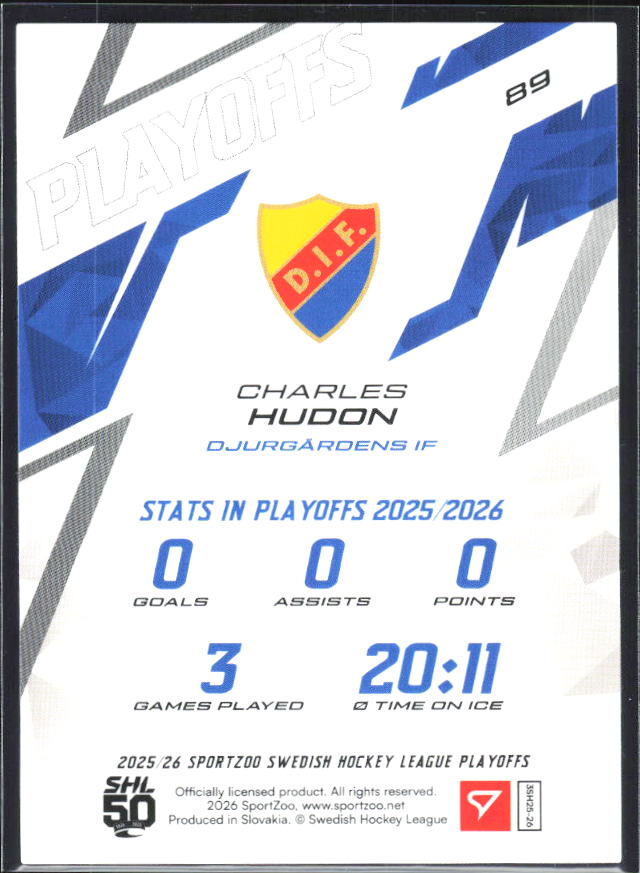 Charles Hudon 2025-26 SHL Playoffs #89 – baksida