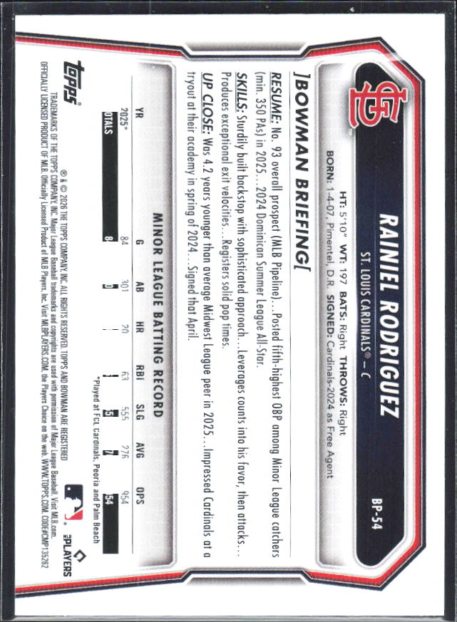 Rainiel Rodriguez 2026 Bowman Prospects #BP-54 – baksida