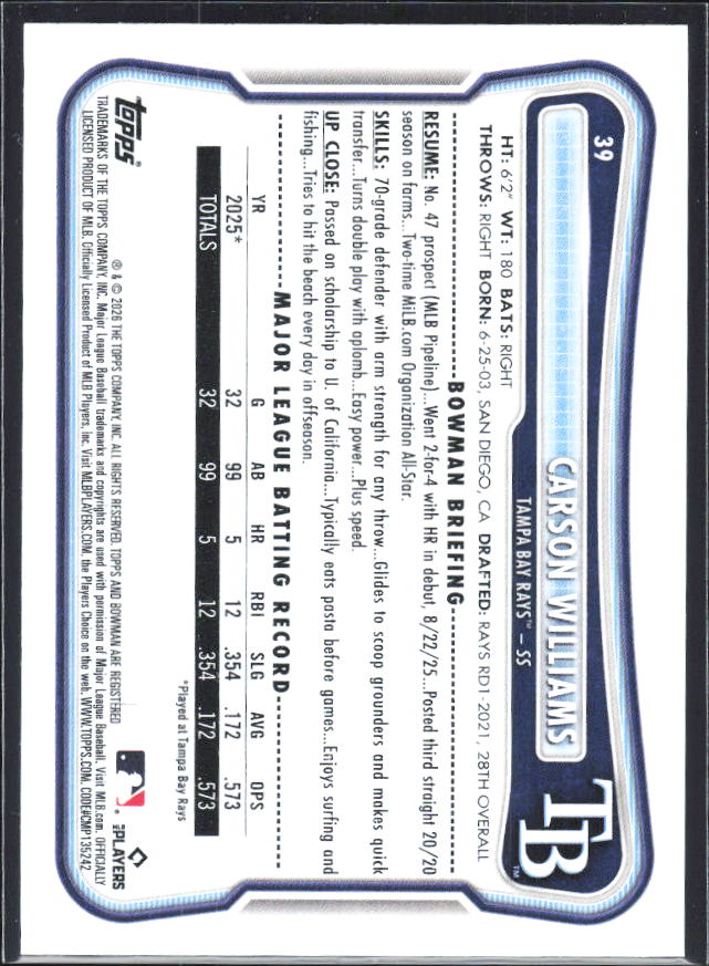 Carson Williams 2026 Bowman RC #39 – baksida