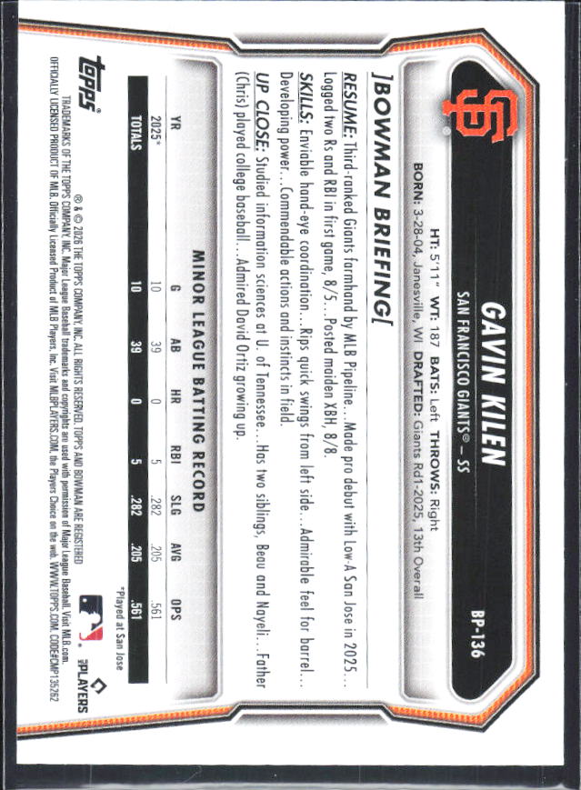 Gavin Kilen 2026 Bowman Prospects #BP-136 – baksida